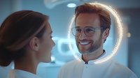 Smiling male doctor with glasses and beard consulting female patient in modern medical office with glowing circular light effect in background.