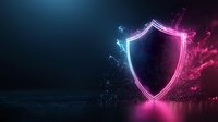 Glowing shield emblem with neon blue and pink light effects against dark background, symbolizing digital security and protection concept for cybersecurity designs.
