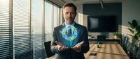 Professional businessman holding glowing digital earth globe in modern office representing global business technology and environmental sustainability.