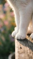 Close-up of white cat paws on wooden surface with soft natural lighting and colorful bokeh background for pet care and animal wellness concepts.