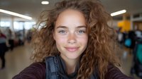 Young woman with natural curly brown hair and bright blue eyes smiling warmly at camera in indoor setting with soft natural lighting and blurred background.