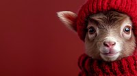Young brown goat wearing red knitted winter hat against burgundy background, close-up portrait showing cute expression and blue eyes.