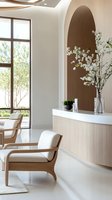 Modern minimalist interior with curved ceiling, wooden furniture, white flowers in vase, natural light from large windows creating serene spa-like atmosphere.