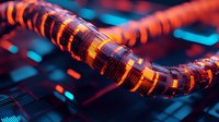 Glowing orange and blue technological tube with circuit patterns against dark background, futuristic energy conduit with dynamic lighting effects.