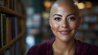 Young bald woman with confident smile in cozy library setting with warm lighting and books in background for lifestyle and education content.