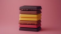 Stack of chocolate bars in different shades from dark to milk on pink background. Minimalist food composition showing variety of cocoa content in confectionery.