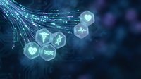 Digital healthcare technology network with medical icons and data streams on blue background for telemedicine and health innovation concepts.