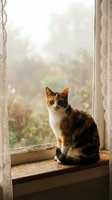 Calico cat sitting on a wooden windowsill with lace curtains, gazing at a misty garden through a rain-streaked window in a cozy home.