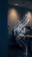 Glowing digital security shield with upward arrows and flowing light trails representing cybersecurity growth and data protection in modern office environment.