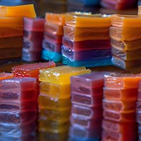 Colorful layered jelly desserts stacked in plastic containers showing vibrant red, orange, yellow and blue stripes with translucent textures and sweet treat appeal.