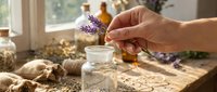 Young adult female hand placing fresh lavender flowers into glass bottle with water on rustic wooden surface surrounded by dried herbs and natural ingredients for aromatherapy and home fragrance.