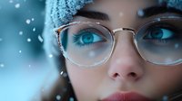 Young Caucasian woman wearing glasses and winter hat in snowy weather closeup portrait with bright blue eyes and soft dreamy expression in cold season.