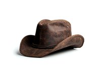 Vintage brown leather cowboy hat with distressed texture and classic western shape isolated on white background for fashion and costume design.