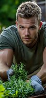 Young Caucasian male gardener with beard wearing olive t-shirt and protective gloves planting fresh rosemary herbs in garden soil during spring season.