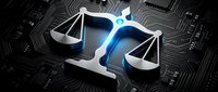 Digital justice scales with glowing blue light on circuit board background representing legal technology, cyber law, and artificial intelligence in jurisprudence.