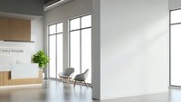 Modern minimalist office interior with wooden reception desk, gray chairs and large windows for corporate business design.
