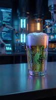 Futuristic glass with glowing circuit board patterns and foam in high-tech laboratory setting. Digital innovation concept for technology presentations.