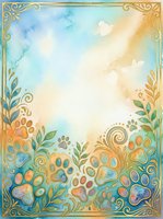 Watercolor frame with paw prints, botanical leaves, and ornamental gold borders on gradient sky background. Suitable for pet-related designs, greeting cards, and posters.