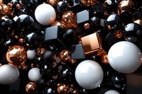 Abstract geometric composition with copper, black and white spheres and cubes in modern minimalist style for contemporary design projects.