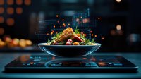 Fresh salad with grilled chicken and vegetables in black bowl on modern induction cooktop, surrounded by glowing digital elements and bokeh lights.