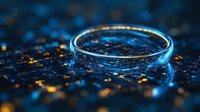 Glowing silver ring on dark surface with magical blue light effects and bokeh sparkles, creating mystical wedding jewelry atmosphere for romantic designs.