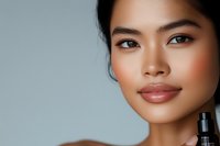 Young Asian woman with natural makeup and glowing skin holding cosmetic product against gray background. Professional beauty portrait showcasing flawless complexion.