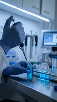 Scientist in protective gloves using pipette with blue liquid in modern laboratory for medical research and chemical analysis experiments.