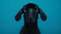 Black lamb with bright blue eyes against turquoise background, dramatic portrait showing innocent expression and distinctive features. Close up view highlights texture of wool.