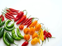 Fresh red, green, and orange chili peppers arranged on white background, isolated for culinary, cooking, and food design projects.