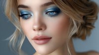 Young Caucasian woman with bright blue eyeshadow makeup, nude lips, and blonde updo hairstyle against gray background. Professional beauty portrait for cosmetics and makeup artistry.