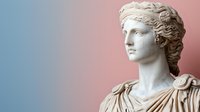 Classical marble sculpture of female figure with draped clothing and ornate hairstyle against gradient blue and pink background, side view profile showing detailed facial features.