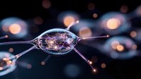 Microscopic view of neuron cell with glowing synaptic connections on dark background with bokeh effect. Scientific visualization for medical and research presentations.
