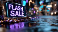 Glowing neon flash sale sign with purple and blue bokeh lights reflecting on wet surface, creating atmospheric retail promotion background.