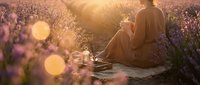 Young woman meditating peacefully in blooming lavender field during golden hour sunset with warm bokeh light effects creating serene wellness atmosphere.