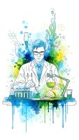 Male scientist in lab coat conducting chemical experiments with colorful watercolor splash effects and molecular structures for educational content.