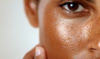 Close up view of glowing skin with natural freckles and water droplets showing hydrated, dewy complexion after skincare routine or workout session.