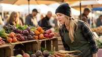 Young blonde woman in beanie and apron selecting fresh organic vegetables at farmers market stall with colorful produce display for healthy lifestyle.