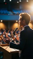 Professional businessman delivering speech at podium with microphone in conference hall with warm stage lighting and audience in background.