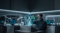 Male scientist in dark clothing examining holographic DNA double helix structure in futuristic laboratory with advanced technology and blue lighting effects.