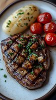 Grilled beef steak with herb butter garnish served with roasted cherry tomatoes and baked potato on white plate. Gourmet restaurant meal.