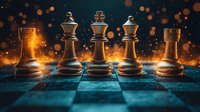 Chess pieces on blue board with dramatic orange light and bokeh effects, creating mysterious atmosphere for strategy and competition concepts.