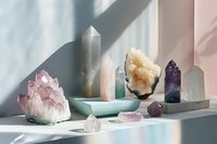 Collection of healing crystals and gemstones arranged on white surface with natural sunlight shadows creating peaceful meditation and wellness atmosphere.