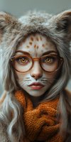 Creative portrait of a young woman with cat-like features wearing glasses and furry hat, face painted with whiskers and spots, wrapped in orange knit scarf.