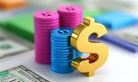 Stacks of pink and blue buttons with golden dollar sign on US currency background, representing fashion industry costs and garment manufacturing economics.