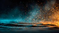 Abstract digital particle wave flowing across cosmic space with glowing orange and blue light effects creating dynamic energy motion for technology backgrounds.