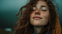 Young woman with curly hair and freckles smiling peacefully with eyes closed against teal background. Natural beauty portrait for wellness and self-care concepts.