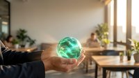 Professional businessman holding glowing green earth globe in hands representing environmental sustainability and corporate responsibility in modern office.