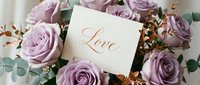 Elegant love card with calligraphy script nestled among lavender roses and eucalyptus, perfect for wedding, Valentine's Day, or romantic celebration.