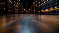 Long corridor in library with illuminated bookshelves stretching into distance, low angle view showing wooden floor reflection and dramatic perspective.