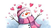 Cheerful snowman wearing pink winter hat and scarf surrounded by floating hearts against snowy background, watercolor style artwork with soft pastel colors.